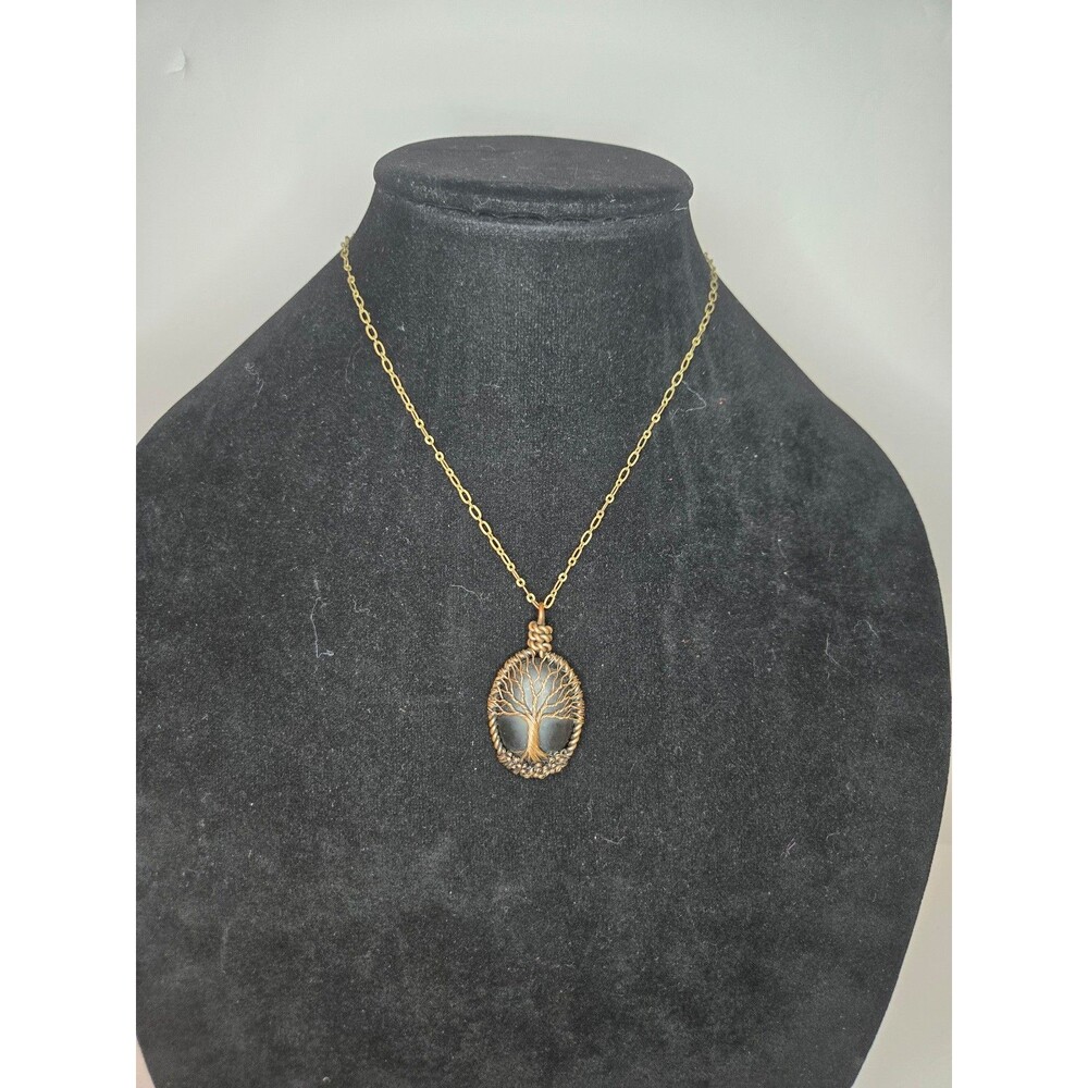 Bronze Tone Necklace Wire Tree Design Over Natural Black Stone